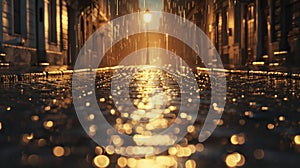 A lone streetlamp casts a warm golden light over a cobblestone street as raindrops trickle down its slick surface. The