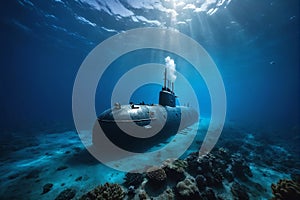 A lone submarine ventures into the blue abyss, a symbol of marine discovery