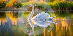 A lone swan on a tranquil lake with its mirrored reflection photo