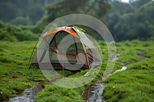 lone tent with rainwater trails on a grassy meadow