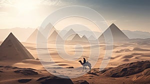 A lone traveler on a camel traverses a vast and arid desert landscape