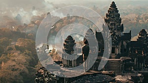 A lone traveler stands at the edge of a cliff overlooking the temple back facing the camera as they contemplate its