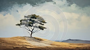 Lone Tree On Barren Land: A Digital Illustration Landscape Oil Painting