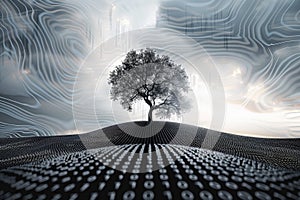 Lone Tree on Bitcoin Coin with Binary Sky - Concept of Nature and Technology in Cryptocurrency