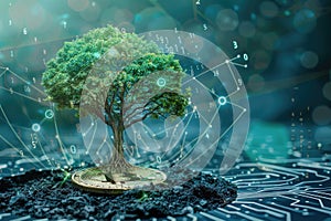 Lone Tree on Bitcoin Coin with Binary Sky - Concept of Nature and Technology in Cryptocurrency