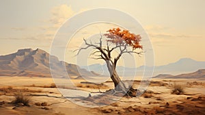Lone Tree In Desert Landscape: A Naturalistic Illustration Inspired By Kerem Beyit