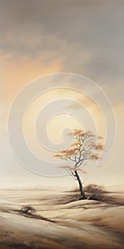 Lone Tree In Desert: Minimalistic Japanese Style Realistic Fantasy Artwork