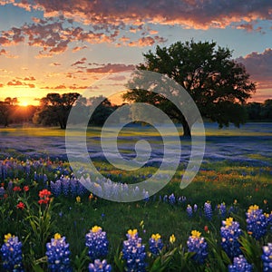 Lone tree in field of bluebonnets made with Generative AI