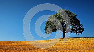 A lone tree in a field with grass and sky behind it, AI