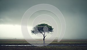 a lone tree in a field with a rain storm in the background. generative ai