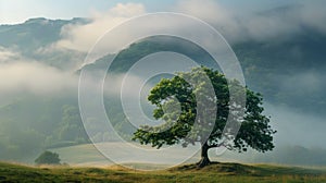 A lone tree in a grassy field with fog rolling over it, AI