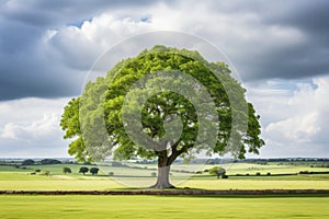 a lone tree in a green field under a cloudy sky