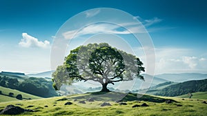 a lone tree on a hill in the middle of a green field