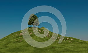 a lone tree on a hill under a blue sky,3D illustration