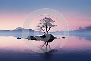 a lone tree on an island in the middle of a lake at sunrise