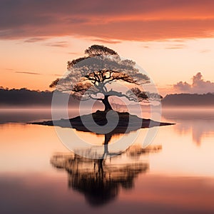 a lone tree on an island in the middle of a lake at sunrise