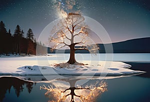 Lone Tree with Lights on Snowy Island Reflected in Lake