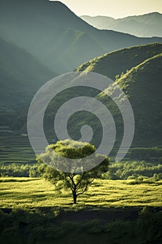 a lone tree in a lush green field with mountains in the background, bathed in sunlight