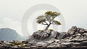 A lone tree with lush green foliage grows resiliently atop a rocky terrain against a backdrop of mountains and cloudy skies