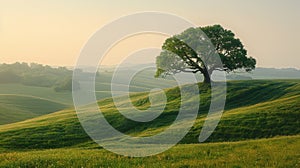 Lone Tree on Lush Green Hillside