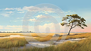 Lone Tree In Marsh: Illustration In Coastal Landscape Style