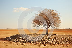 a lone tree in the middle of an arid landscape