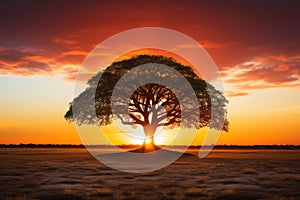 a lone tree in the middle of a field at sunset