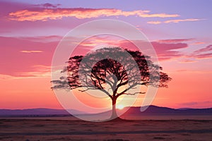 a lone tree in the middle of a field at sunset