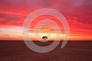 a lone tree in the middle of a field at sunset