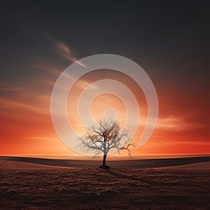 a lone tree in the middle of a field at sunset