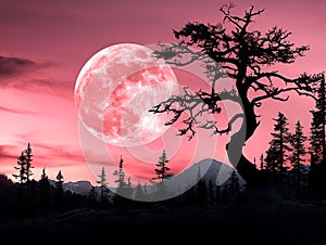 A lone tree in the middle of a forest with a full moon in the background