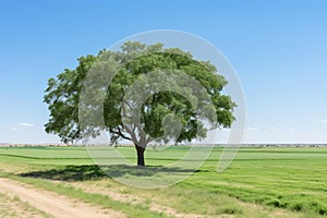 a lone tree in the middle of a green field
