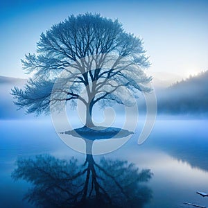 lone tree in the middle of lake with fog in ther and mountain in the