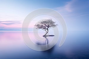 a lone tree in the middle of a lake at sunset