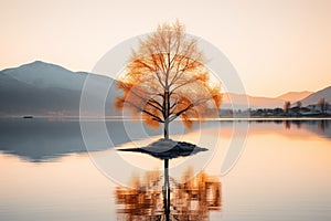 a lone tree in the middle of a lake at sunset