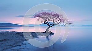 a lone tree in the middle of a lake at sunset