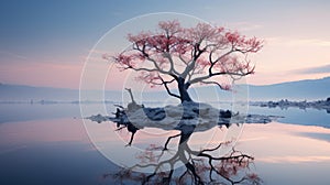 a lone tree in the middle of a lake at sunset