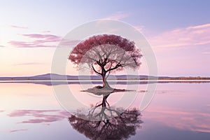 a lone tree in the middle of a lake at sunset