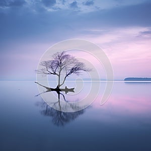 a lone tree in the middle of a lake at sunset