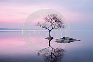 a lone tree in the middle of a lake at sunset