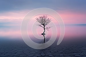 a lone tree in the middle of a lake at sunset