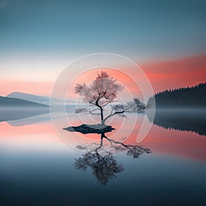 a lone tree in the middle of a lake at sunset