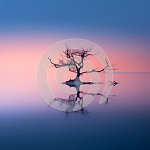 a lone tree in the middle of a lake at sunset