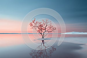 a lone tree in the middle of a lake at sunset