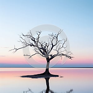 a lone tree in the middle of a lake at sunset