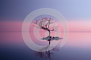 a lone tree in the middle of a lake at sunset