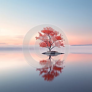 a lone tree in the middle of a lake at sunset