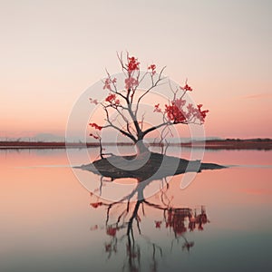 a lone tree in the middle of a lake at sunset