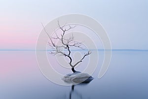 a lone tree in the middle of a lake at sunset