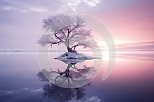 a lone tree in the middle of a lake at sunset